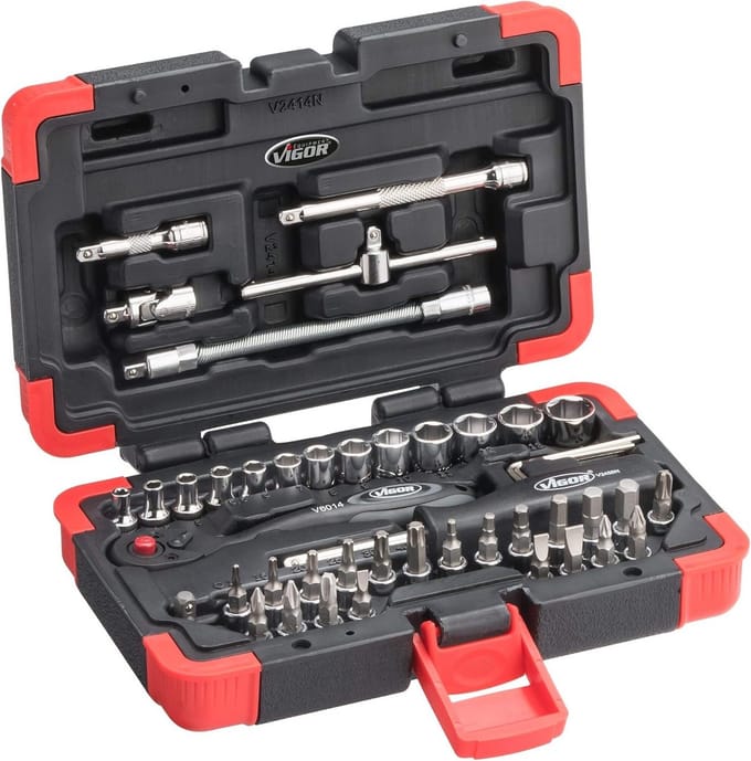 Dopsleutelset 1/4 inch met Diverse Bits, Steeksleutels, Verlengstukken en Adapters - 46 Delen