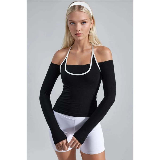 Slim Fit Gebreide Blouse met U-Hals en Contrastbinding
