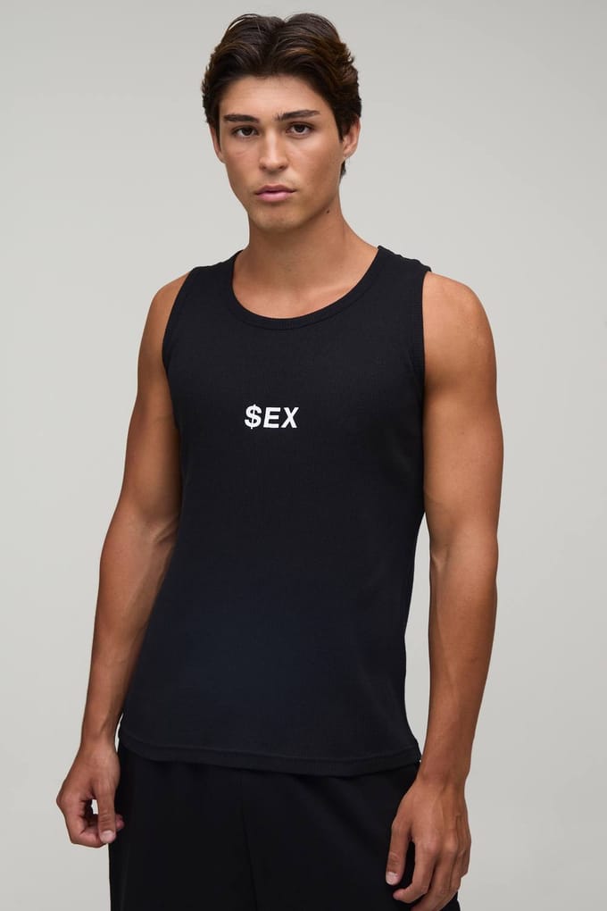 Muscle Fit Gecropte Sex Slogan Hemd | Black | Size Medium