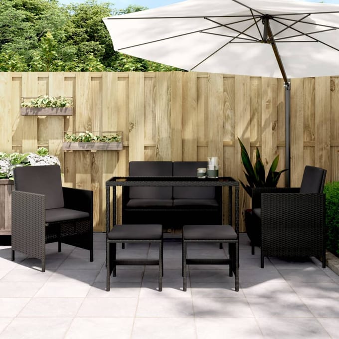 vidaXL - 6-delige - Tuinset - met - kussens - poly - rattan - zwart