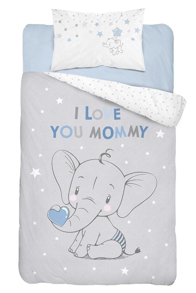 Kinderbeddengoed 90x120 cm - Olifant Blauw Grijs Katoen