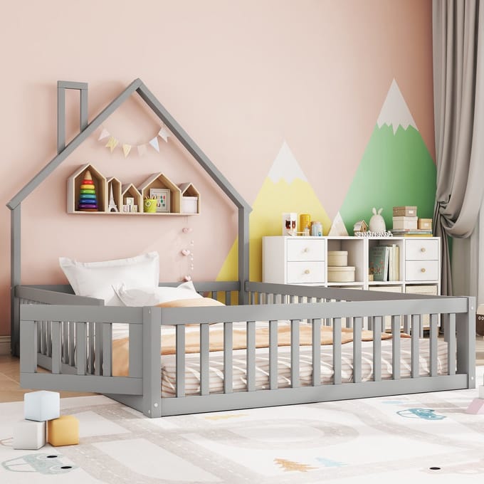 Kinderbed - 140x200 cm - Schoorsteenvorm - Met Lattenbodem en Frame - Grenenhout - Grijs