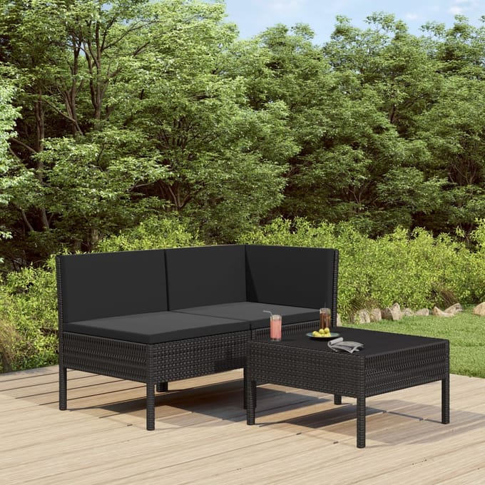 vidaXL - 3-delige - Loungeset - met - kussens - poly - rattan - zwart