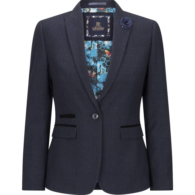 Dames getailleerde tweed marineblauwe geruite blazer wollen jas