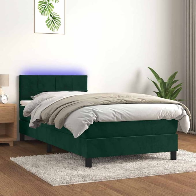 vidaXL - Boxspring - met - matras - en - LED - fluweel - donkergroen - 90x200 - cm