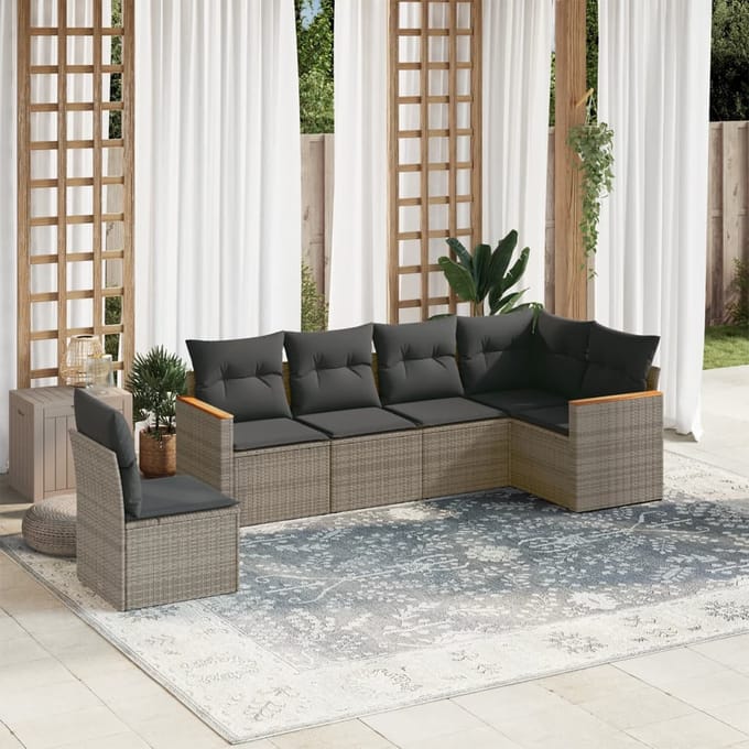 vidaXL - 6-delige - Loungeset - met - kussens - poly - rattan - grijs
