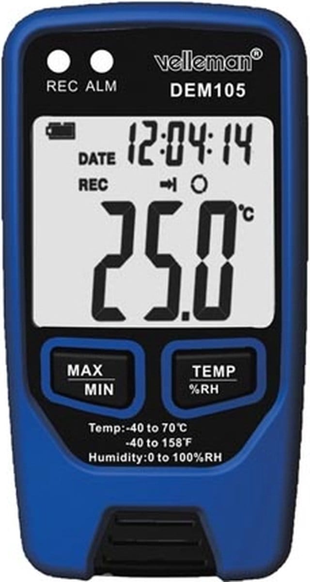 Velleman Datalogger, meet temperatuur en vochtigheid, USB, LCD-display, luid alarm, lange batterijduur