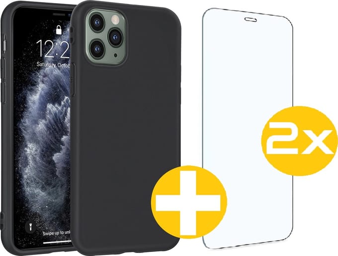 Hoesje en Screenprotector Combi Geschikt Voor iPhone 11 Pro Max - Zwarte Siliconen Hoesje + 2x Screenprotector