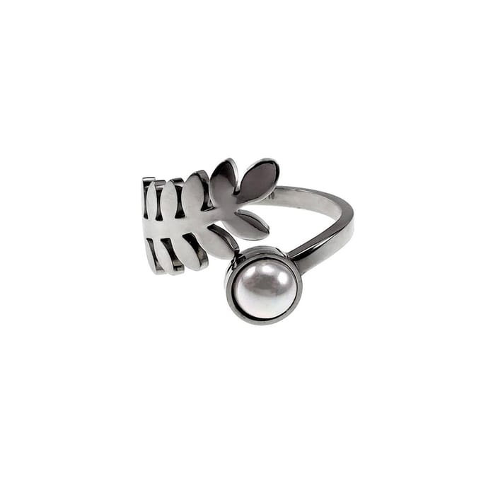 Ring Dames - Gepolijst RVS - Blad Ring met Witte Parel - Verstelbaar