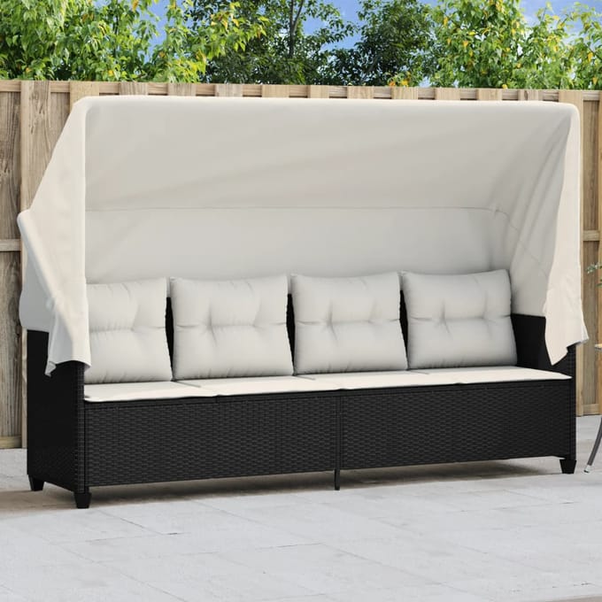 vidaXL - Ligbed - met - luifel - en - kussens - poly - rattan - zwart