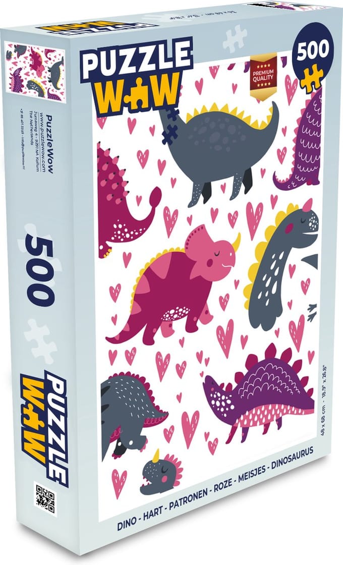 Puzzel Dino - Hart - Patronen - Roze - Meisjes - Dinosaurus - Legpuzzel - Puzzel 500 stukjes