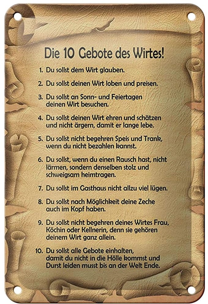Blechschild Spruch 12x18cm die 10 Gebote des Wirtes Dekoration