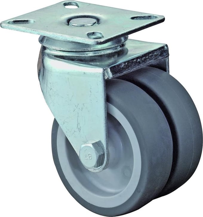 Zwenkwiel dubbel 50mm rubber totale hoogte 75mm