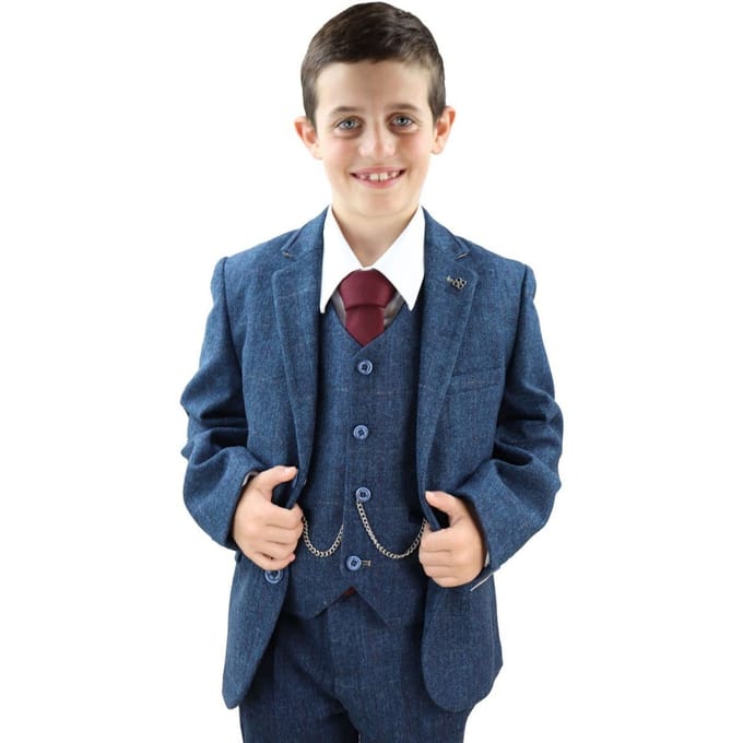 3-delig blauw visgraat tweed geruit klassiek pak voor jongens