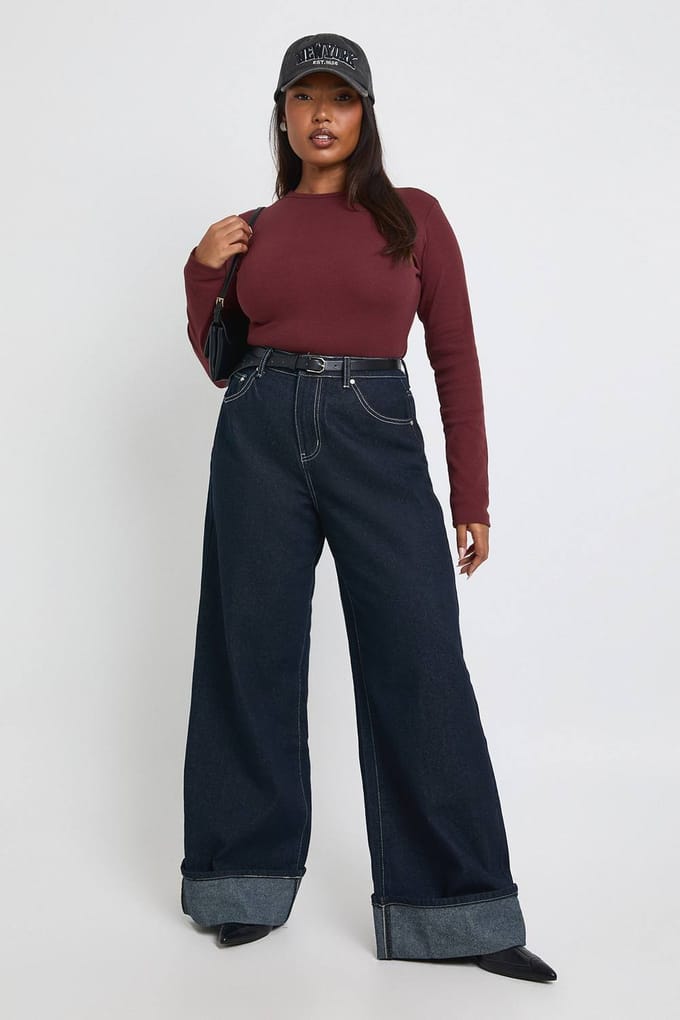 boohoo Dames Plus Basic geribbelde top met lange mouwen, aansluitend lang model | Bordeaux Rood | Maat: 46