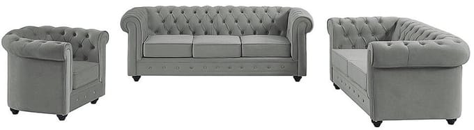 Vente-unique Zitbank en fauteuil CHESTERFIELD - velours - lichtgrijs