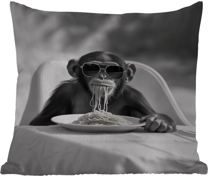 Tuinkussen - Aap - Spaghetti - Zonnebril - Zwart wit - Cool - Dier - 40x40 cm - Weerbestendig