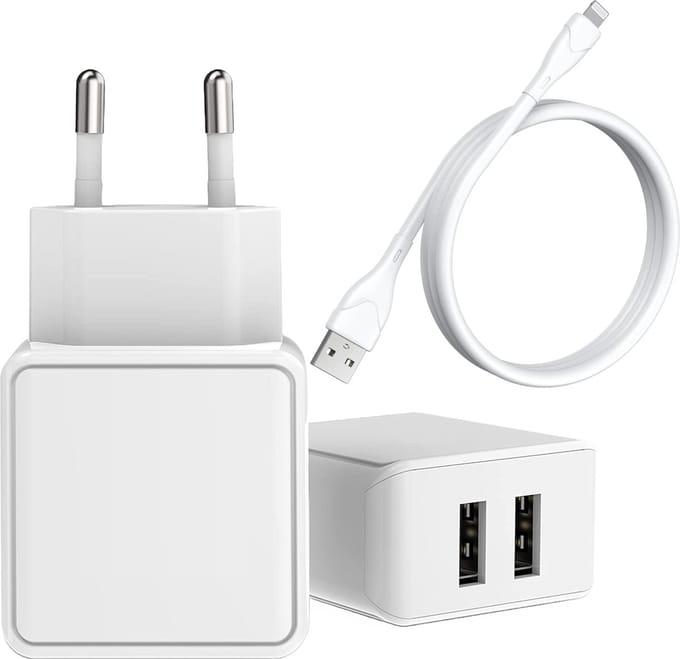 Usb adapter 2 Poorten + Oplaadkabel geschikt voor iPhone 14 /13 /12 / 11 / X / 8 / 7 / SE / - Usb-A naar Lightning Kabel - 2 Meter