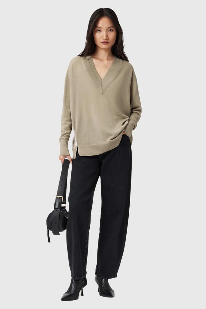 AllSaints Bern Panel V Neck Taupe Grey Taglia: M | Maglie a manica lunga Outlet | Donna | Nero