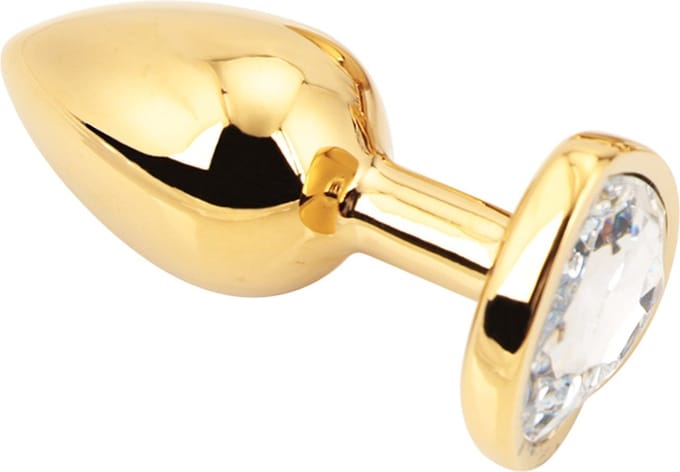 PLGZ - Hartvormige Metalen Buttplug - Goud - Witte Siersteen - Verkrijgbaar in 3 maten Medium