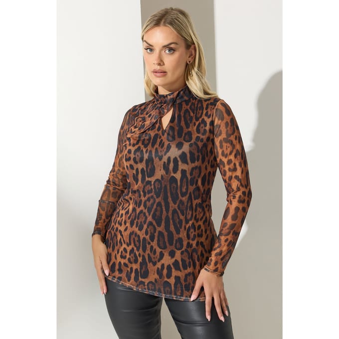 Yours London Bruine Luipaard Twist Neck Mesh Top Size 44