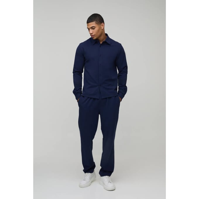 Regular Fit Shirt met Lange Mouwen en Toelopende Broek Set | Navy | Size Small