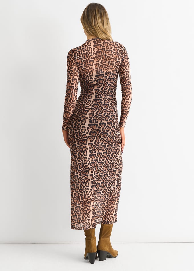 Bruine mesh jersey maxi jurk met dierenprint