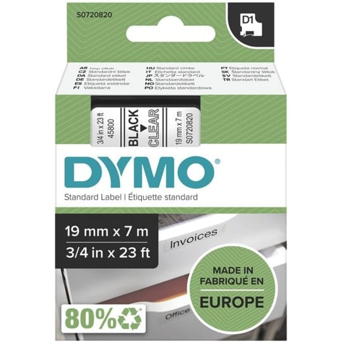 DYMO D1 Labels Zwart Print on Transparant 19mm x 7m Self-Adhesive Labels for LabelManager Label Printers Authentic