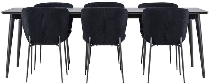 Ellis eethoek tafel 85x230cm en 6 teddy stoelen zwart.