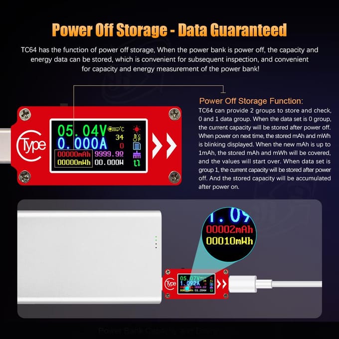 TC64 Type-C kleuren-LCD-scherm USB-voltmeter Ampèremeter Spannings-stroommeter Multimeter Batterij PD