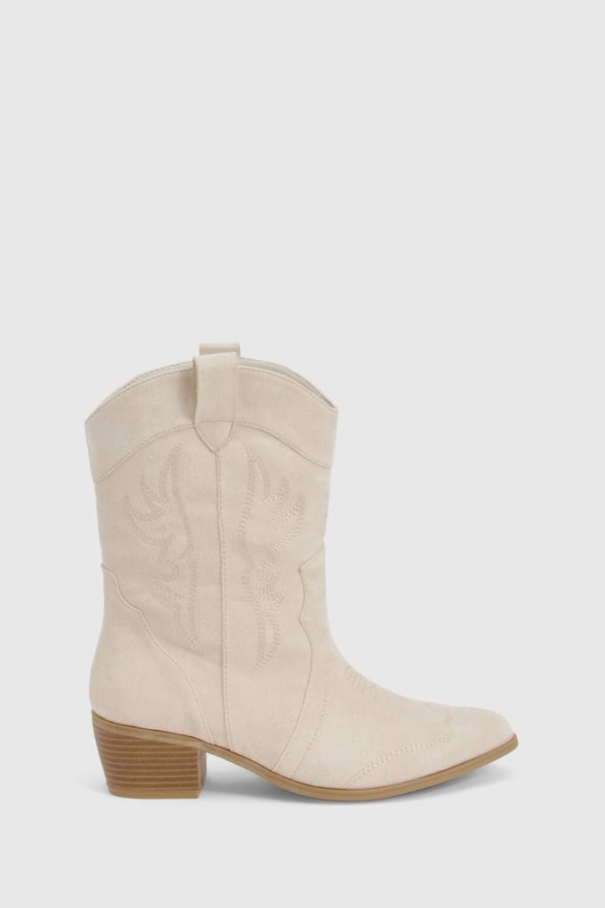 boohoo Dames Brede pasvorm neppe suede tab western cowboylaarzen | Beige | Maat: 36