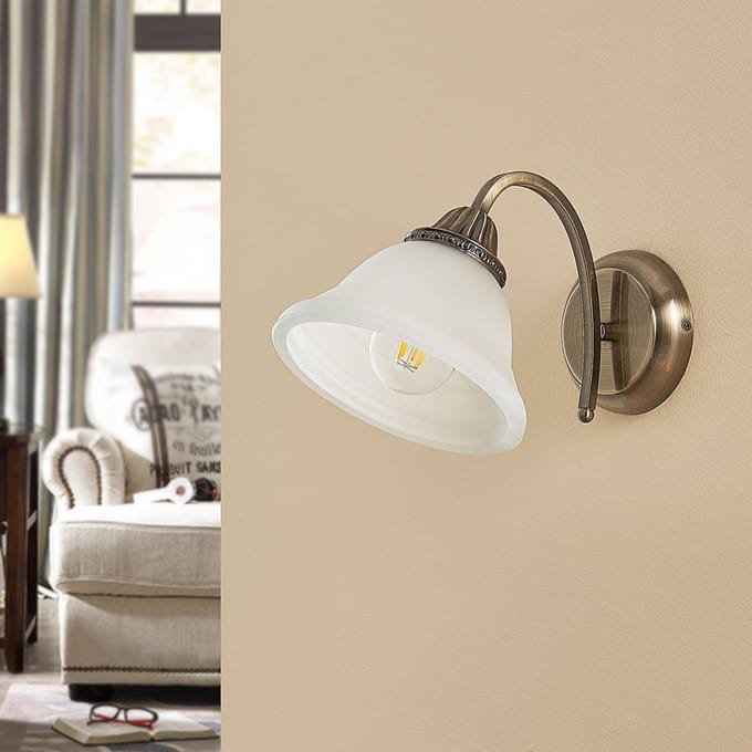 Lindby - wandlamp - 1licht - Glas, metaal - H: 20 cm - E27 - wit albast, antiek messing
