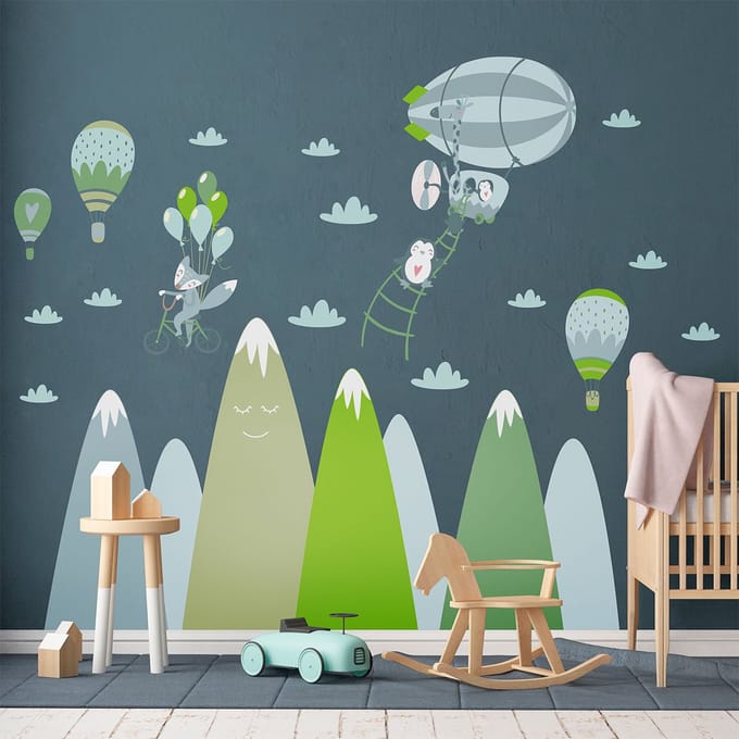 Scandinavische bergstickers met speelse dieren, 100 x 150 cm