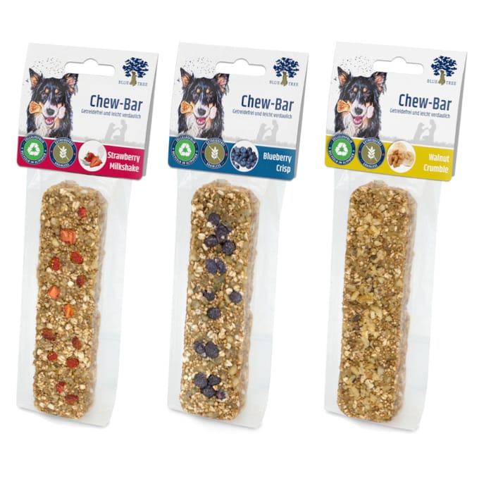 3 stuks Blue Tree Chew-Bar Aardbeien Milkshake, Walnoot Crumble, Bosbes Crisp hondensnacks