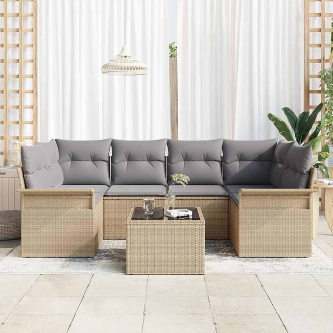 vidaXL - Tuinbank - Set - 7 - pcs - 6-Seater - Beige - en - Grijs - poly - rattan
