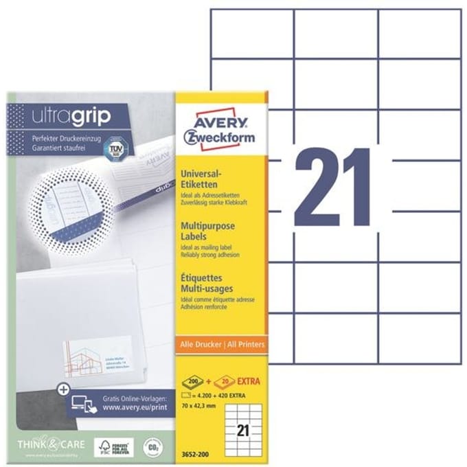 Avery witte etiketten QuickPeel formaat 70 x 423 mm (b x h) 4.200 stuks 21 per blad doos van 200 blad