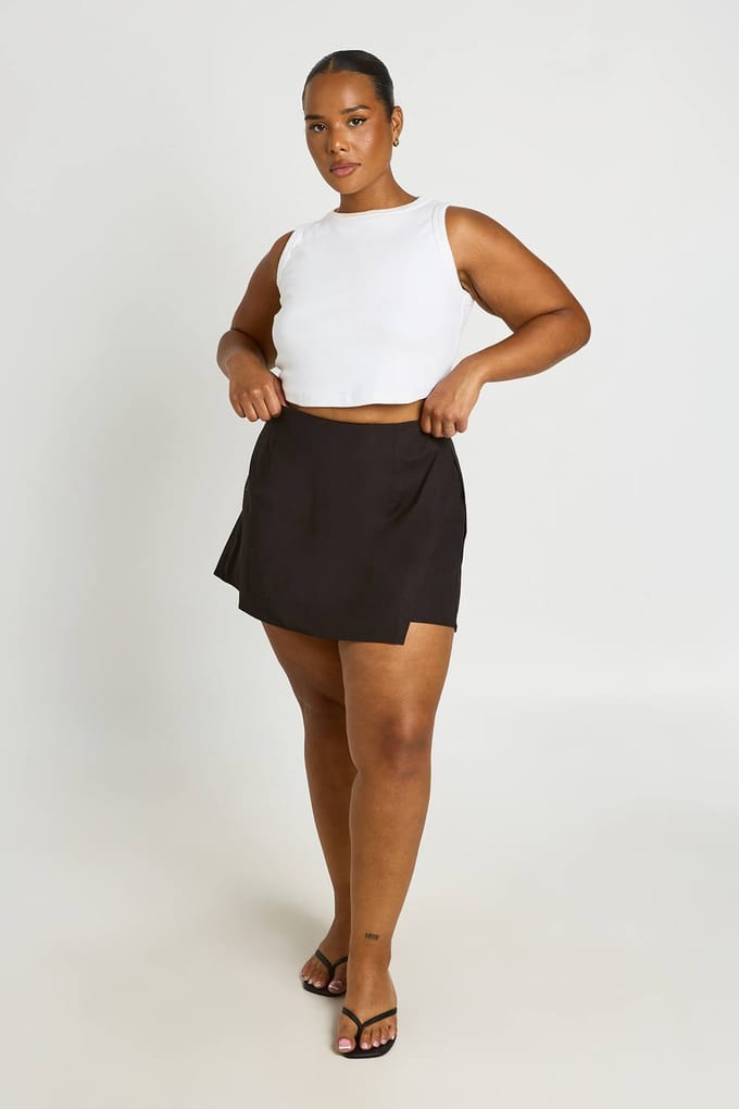 boohoo Dames Plus Linnen-look Wikkel Skort | Zwart | Maat: 46