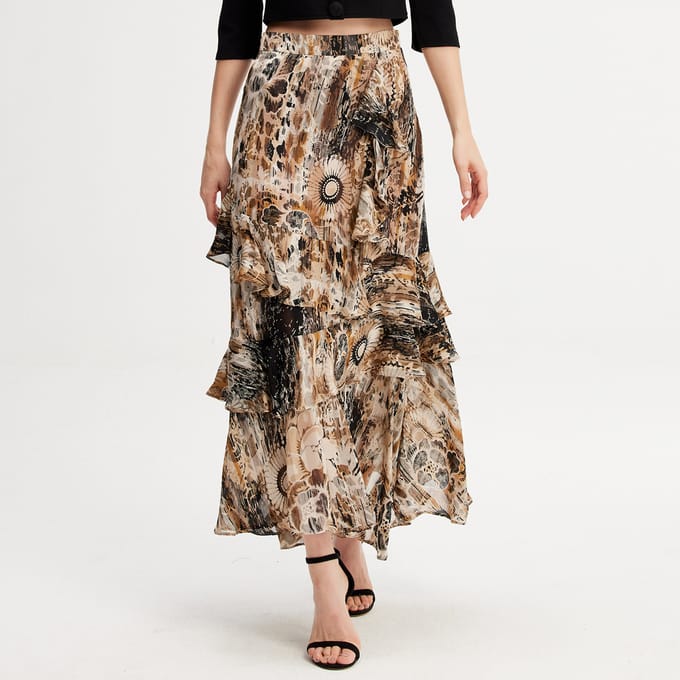 Lange chiffon rok met ruches bloemenprint