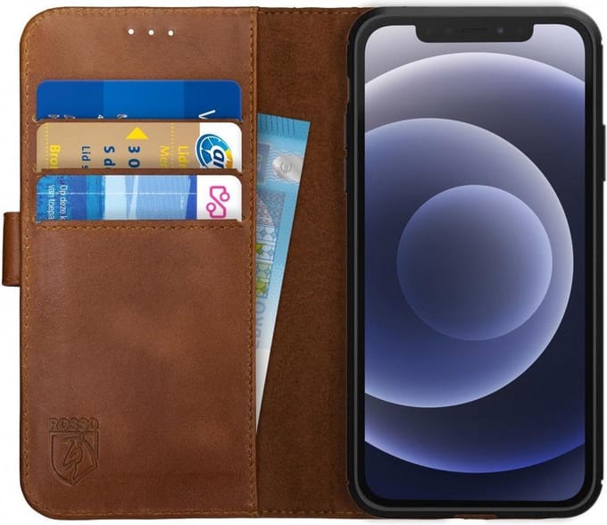 Rosso Deluxe Hoesje Geschikt voor Apple iPhone 12 / 12 Pro Echt Leer Book Case Bruin