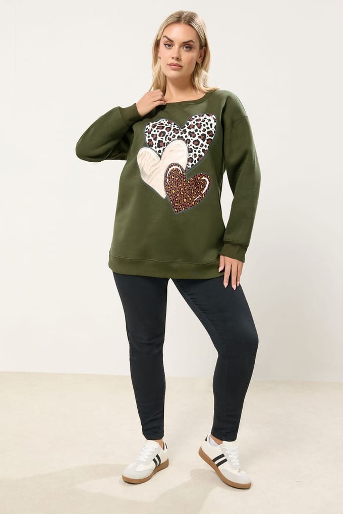 Yours Kakigroen Sweatshirt Met Luipaardprint En Hartjes Size 44