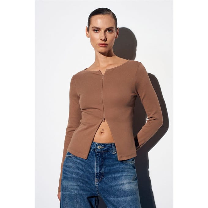 Slim Fit Katoenmix Rits Blouse