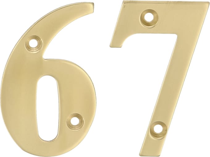 AMIG Huisnummer 67 - massief messing - 10cm - incl. bijpassende schroeven - gepolijst - goudkleur
