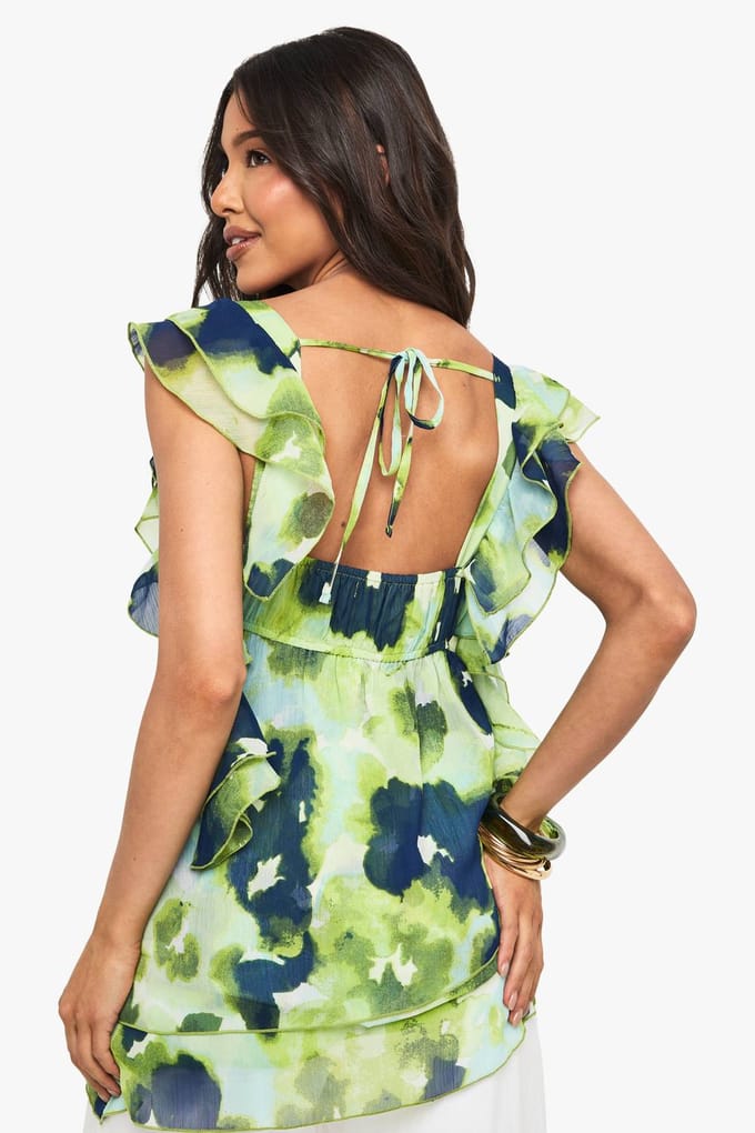 boohoo Dames Floral chiffon asymmetrische ruches blouse | Green | Maat: 8