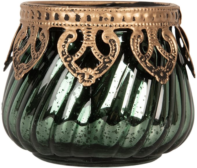 Clayre & Eef Waxinelichthouder Ø 8x7 cm Groen Glas