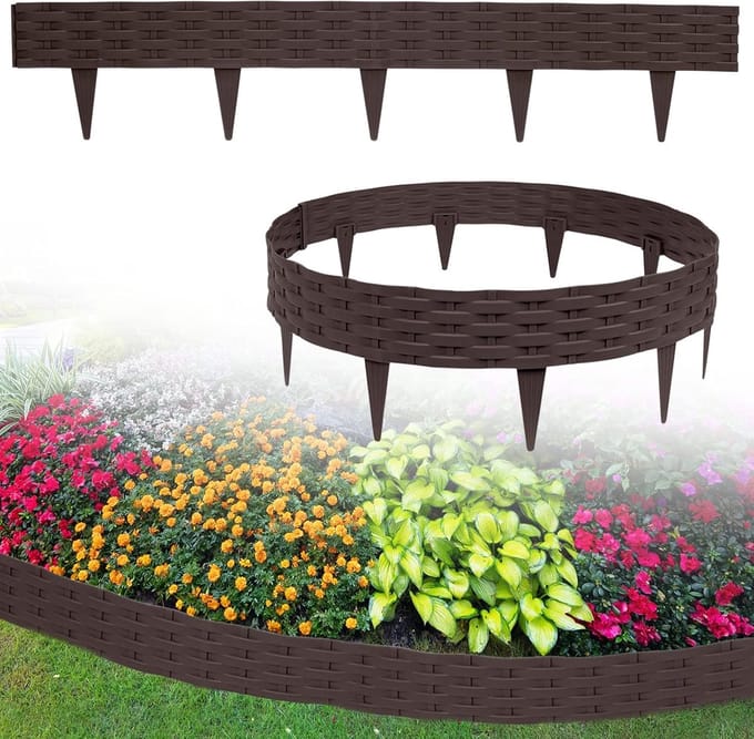 Gazonrand Bloembedranding - Kunststof Palissade - Tuin Afscheiden - Buigbaar Rotan Design - 45 Meter 45 Stuks - Bruin