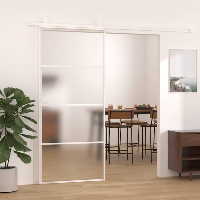 vidaXL - Schuifdeur - 90x205 - cm - mat - ESG-glas - en - aluminium - wit