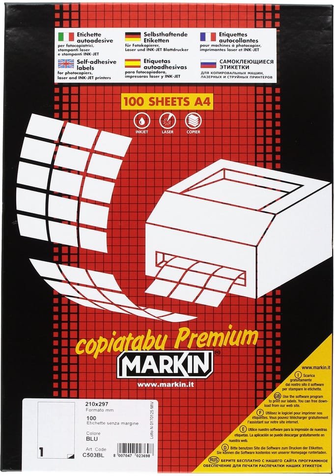 Markin X210C503BL, Blauw, Zelfklevend printerlabel, A4, Cellulose, Acryl, Permanent