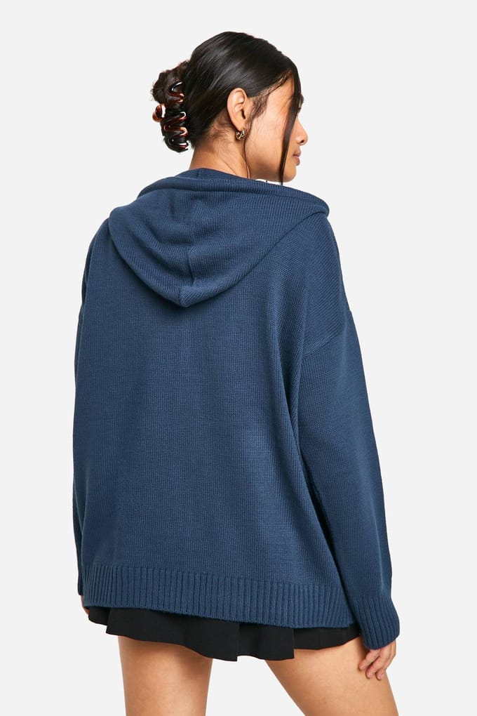 boohoo Dames Athletics Geborduurde Ritssluiting Door Overgroot Gebreide Hoodie | Navy | Maat: Medium