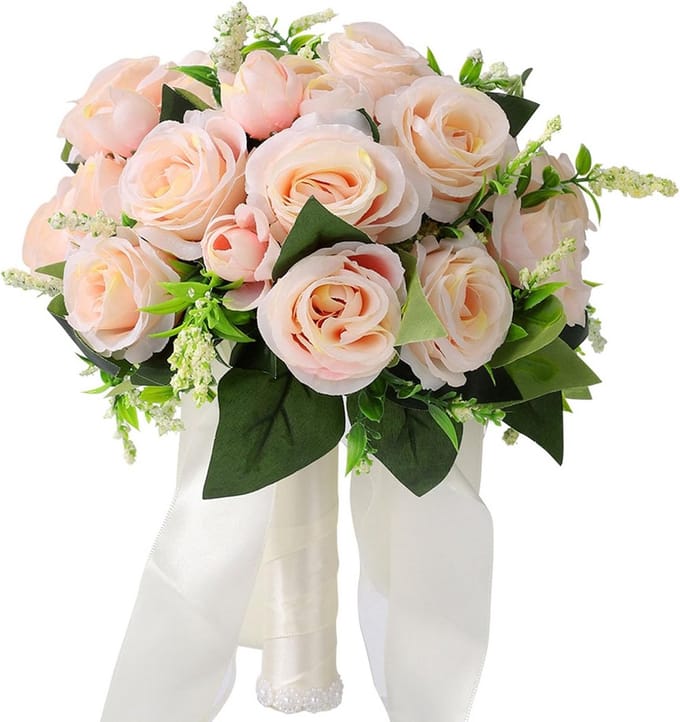 Bruidsboeket Champagne Zijden Rozen met Kralen voor Bruiloft