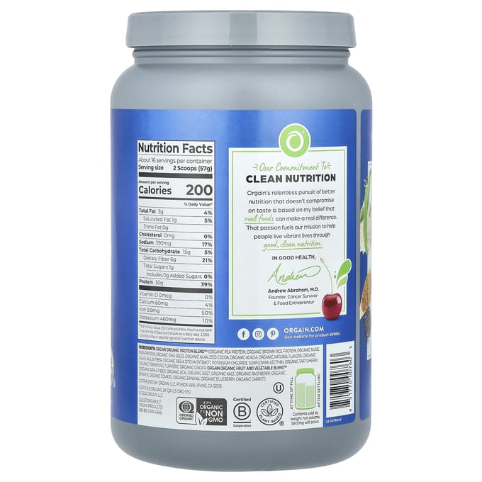 Orgain, Protéines végétales, Poudre de protéines complètes, Chocolat, 912 g (2.01 lb)